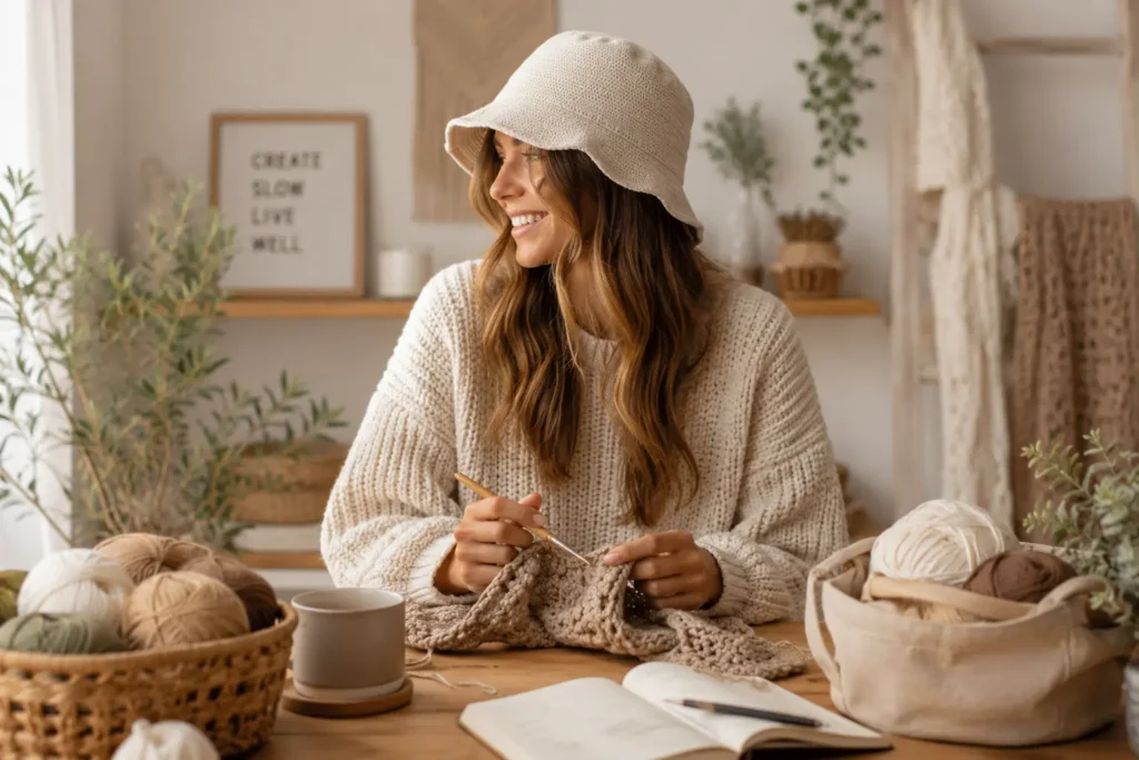 Woman crocheting in a cozy modern craft studio with yarn, neutral decor, and soft natural lighting.
