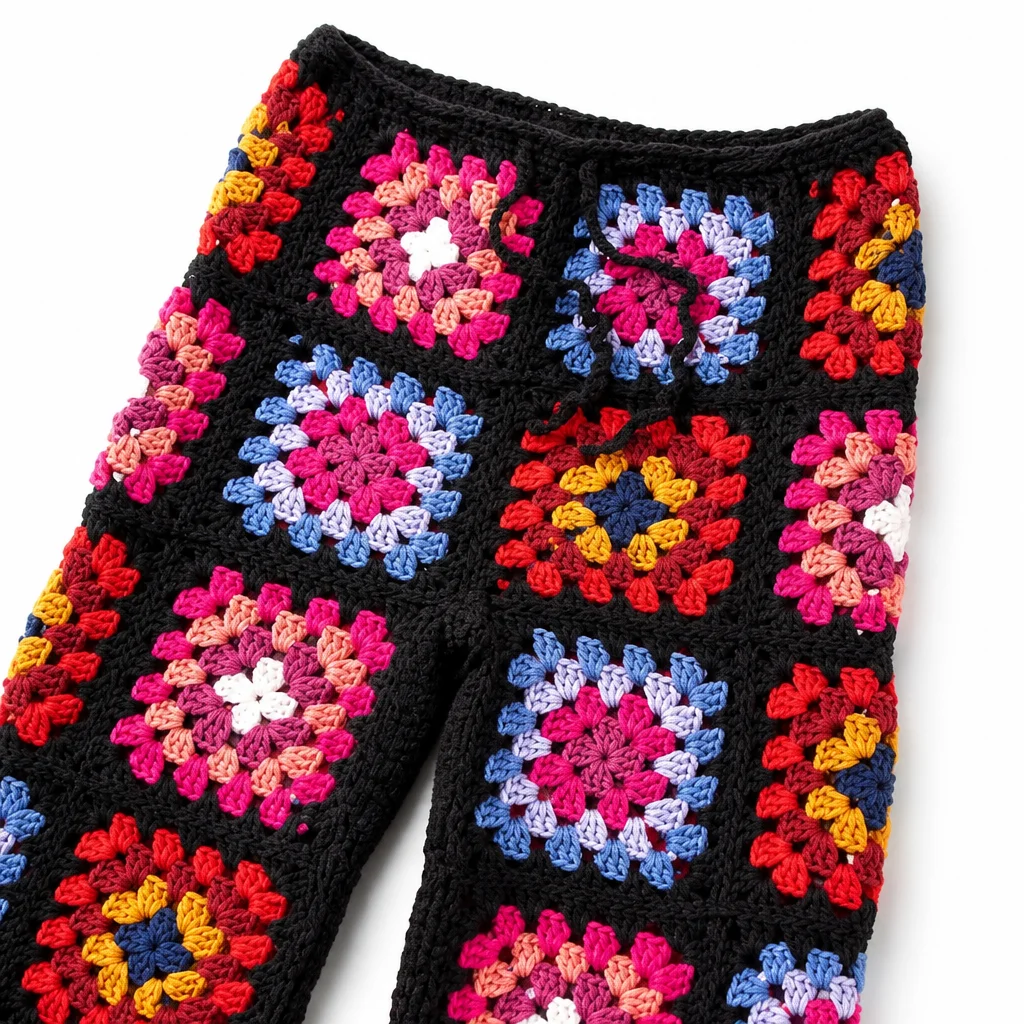 Crochet granny square pants pattern featuring colorful squares and a relaxed wide-leg silhouette.