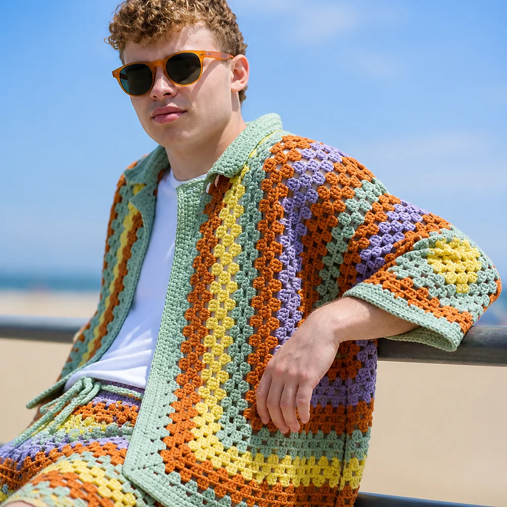 Crochet granny square shorts in vibrant colors, showcasing a stylish summer look.