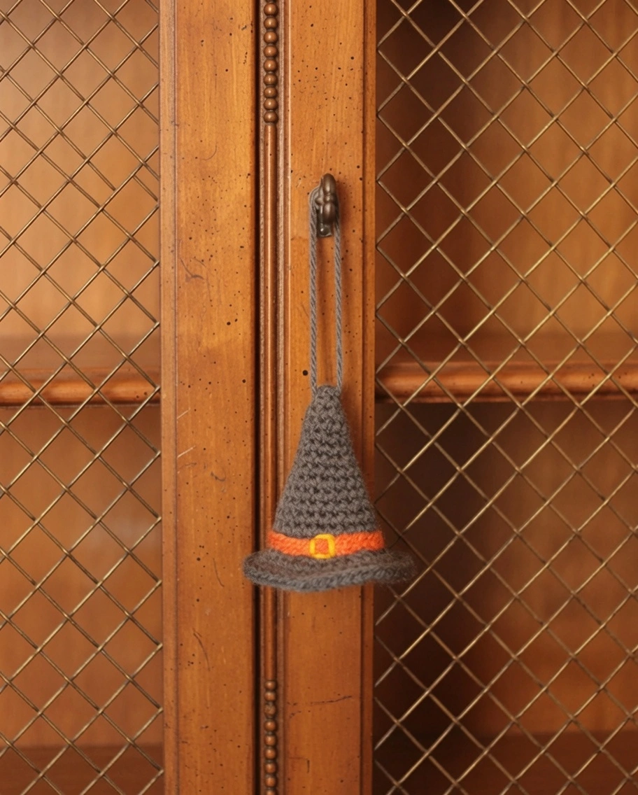 mini crochet witch hat, free halloween crochet pattern, easy witch hat ornament