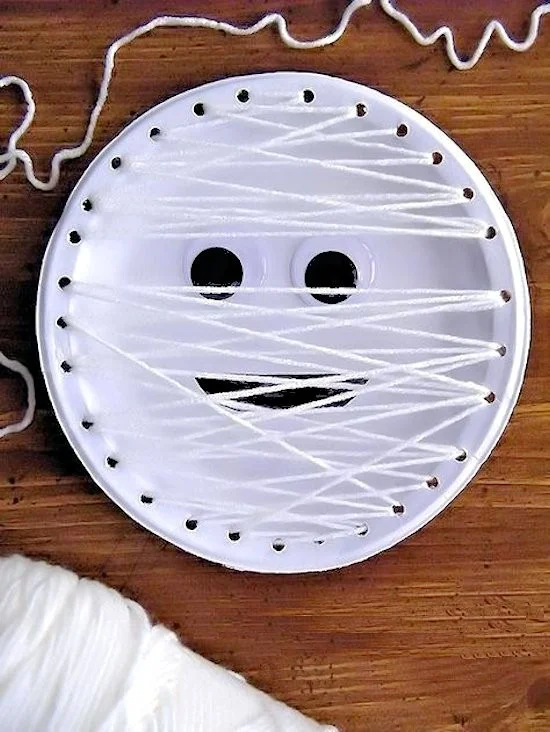 Kids Halloween Mummy Paper Plate Lacing Craft activity for creative fun